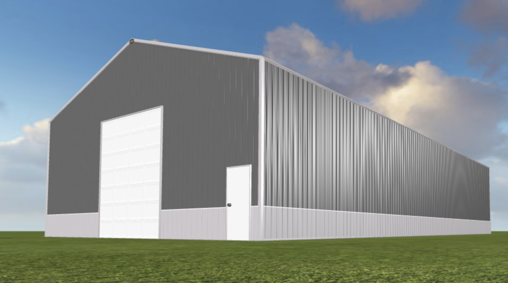 A 3d rendering of a metal building on a grassy field.