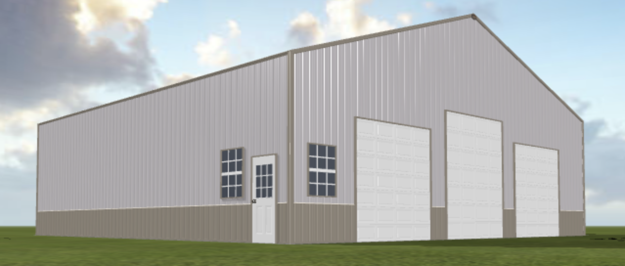 A 3d rendering of a garage with two garage doors.