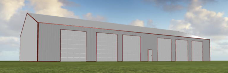 A 3d rendering of a metal building on a grassy field.