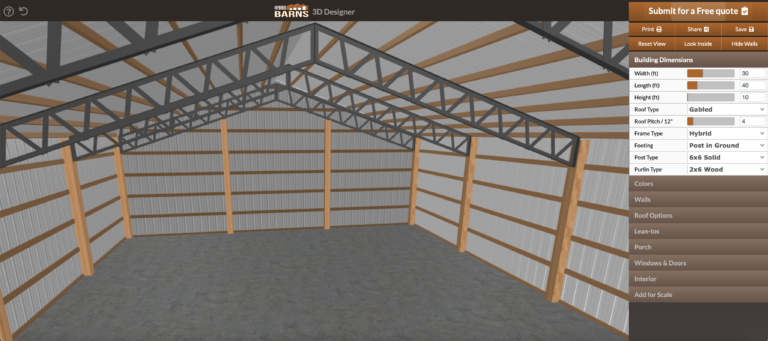 A screen shot of a hybrid barn with a metal roof.