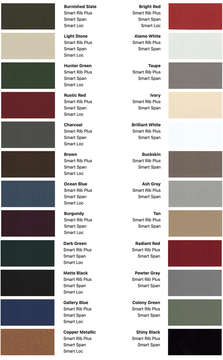 A color chart for choosing metal roof colors.